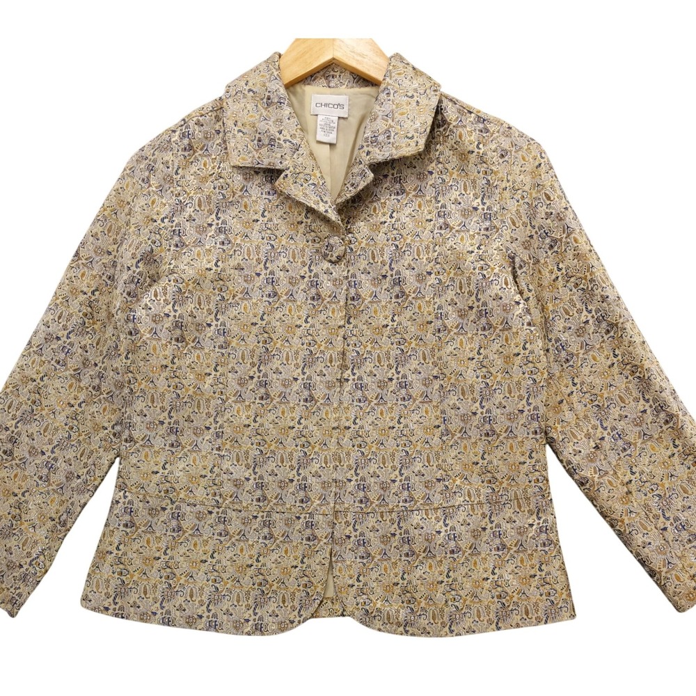 Chico's‎ Tapestry Blazer Jacket Gold Blue Paisley Button Front Size 0 Career